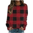 thumbnail image 1 of Lenpel Women's Tops Flannel Casual Crew Neck Plaid Long Sleeve Shirts Fuzzy Warm Pullovers Loose Plush Sweatshirts(Red,X-Large), 1 of 5