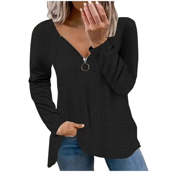 Lenpel Women's Tops Long Sleeve Quarter Zip V Neck Trendy Shirts Loose Eyelet Solid Color Fall Clothes