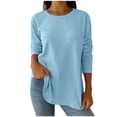 thumbnail image 1 of Lenpel Women's Tops Soft Casual Long Sleeve Crew Neck Side Button Solid Color Ribbed Knit T Shirts Loose Tunic Blouses(Blue,Large), 1 of 7