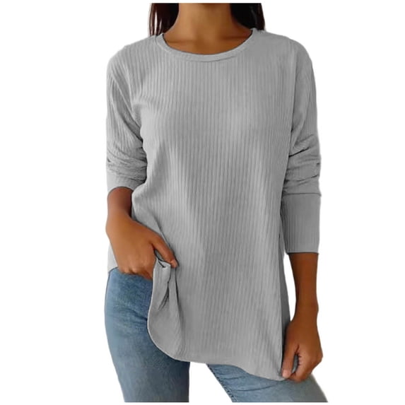 Lenpel Women's Tops Soft Casual Long Sleeve Crew Neck Side Button Solid Color Ribbed Knit T Shirts Loose Tunic Blouses(Gray,3X-Large)