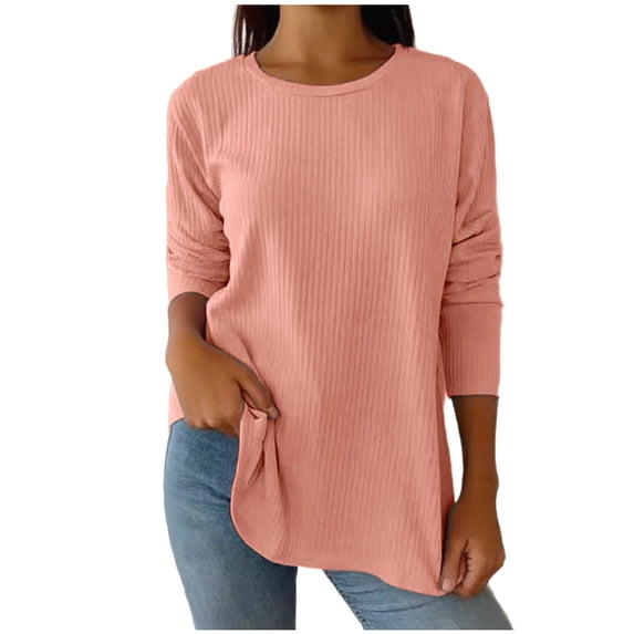 Lenpel Women's Tops Soft Casual Long Sleeve Crew Neck Side Button Solid Color Ribbed Knit T Shirts Loose Tunic Blouses(Pink,X-Large)