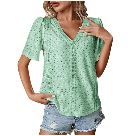 Lenpel Women's Tops Summer V Neck Short Sleeve Lace Eyelet Embroidered T Shirts Dressy Casual Blouses