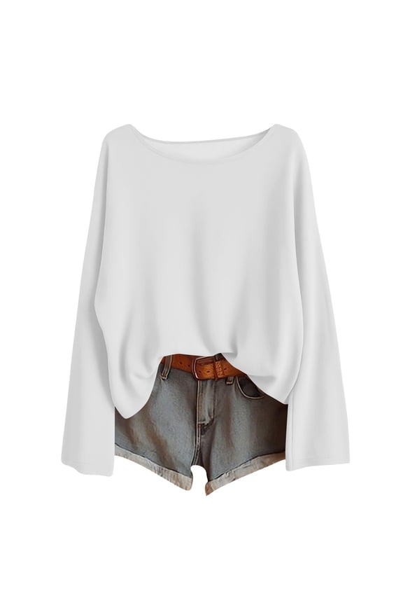 Women's Tops Trendy Bell Long Sleeve Boat Neck Solid Color T Shirts Loose Tunic Blouse Soft Casual Tees(White,Large)