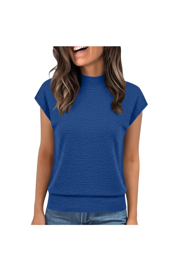 Women's Tops Trendy Cap Short Sleeve Mock Neck Solid Color Cinch Bottom T-Shirts Soft Casual Tee Blouses