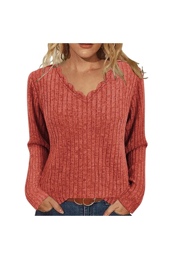 Women's Tops Trendy Ribbed Knit Long Sleeve Scalloped V Neck T Shirts Loose Tunic Blouses Soft Casual Tees(Orange,Medium)