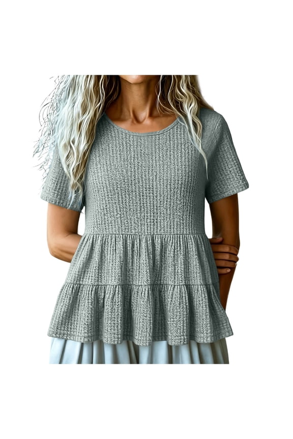 Women's Tops Trendy Short Sleeve Crew Neck Tiered Peplum Ruffle Hem Textured T-Shirts Dressy Casual Tunic Blouses
