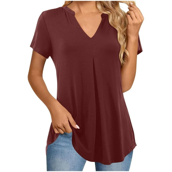 Lenpel Women's Trendy Tops Summer V Neck Short Sleeve Pleated Dressy Casual T Shirts Tunic Tee Blouses