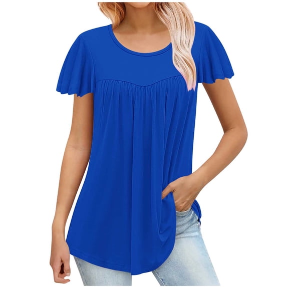 Lenpel Women's Tunic Tops Summer Ruffle Short Sleeve Crew Neck Pleated Solid Color T Shirts Casual Loose Blouses