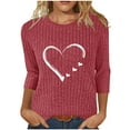 thumbnail image 1 of Lenpel Women's Tunic Tops 3/4 Length Sleeve Crew Neck Heart Printed Brushed Fleece Ribbed Knit T Shirts Casual Lightweight Sweaters(Wine,Small), 1 of 5