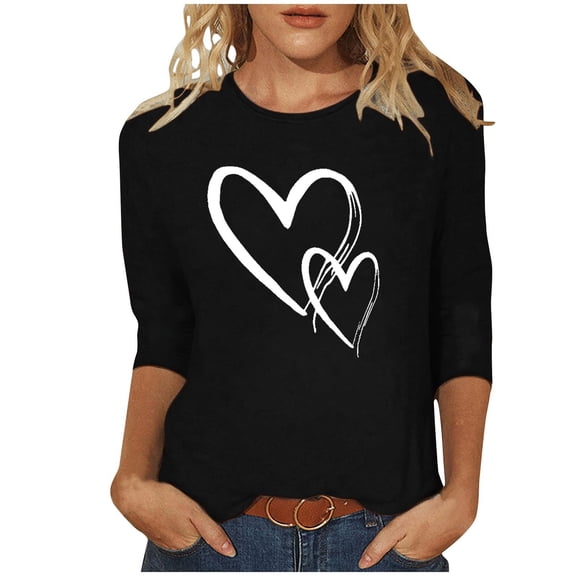 Lenpel Women's Tunic Tops 3/4 Length Sleeve Crew Neck Heart Printed T Shirts Plus Size Graphic Tees Loose Trendy Blouses(Black,Medium)