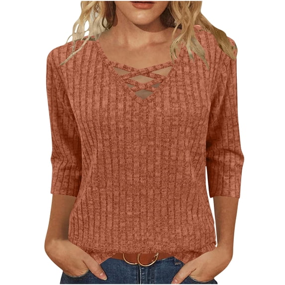Lenpel Women's Tunic Tops 3/4 Length Sleeve Criss Cross V Neck Ribbed Knit Brushed Fleece T Shirts Soft Casual Tee Blouses(Orange,X-Large)