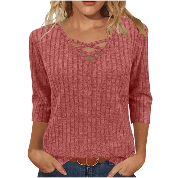 Lenpel Women's Tunic Tops 3/4 Length Sleeve Criss Cross V Neck Ribbed Knit Brushed Fleece T Shirts Soft Casual Tee Blouses(Red,Medium)