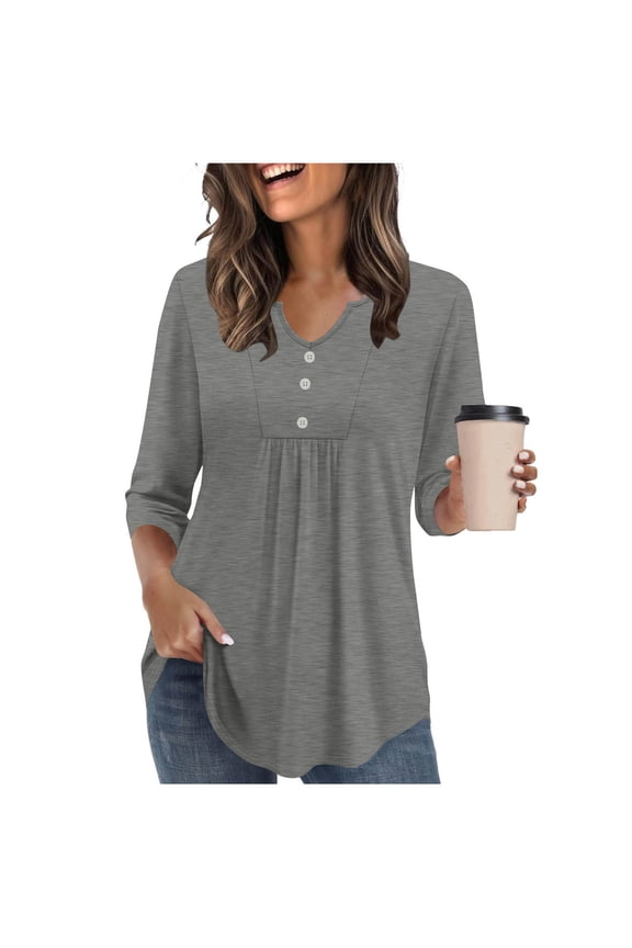 Women's Tunic Tops 3/4 Length Sleeve Notched V Neck Pleated Front Curved Hem Flowy T Shirts Casual Loose Tee Blouses(Gray,Small)