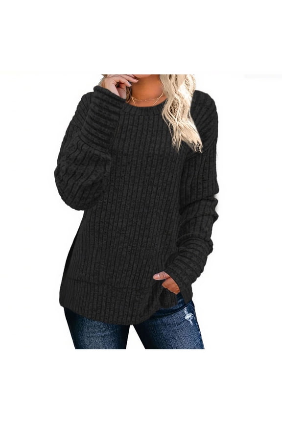 Women's Tunic Tops Brushed Fleece Ribbed Knit Crew Neck Side Split Long Sleeve Shirts Casual Loose Blouses Fall Winter Outfits(Black,X-Large)