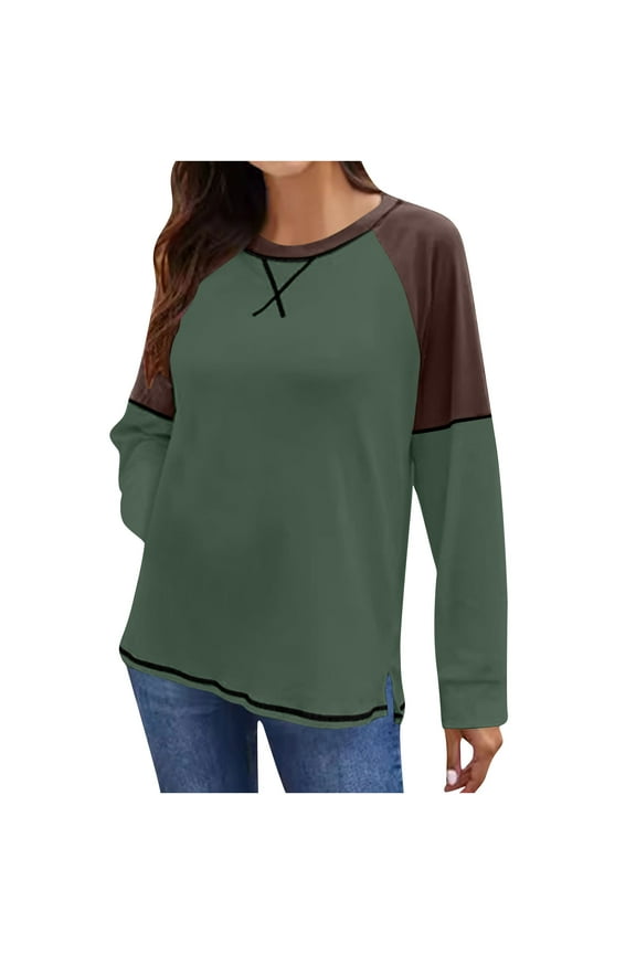 Women's Tunic Tops Casual Crew Neck Side Split Color Block Long Sleeve T Shirts Loose Trendy Blouses