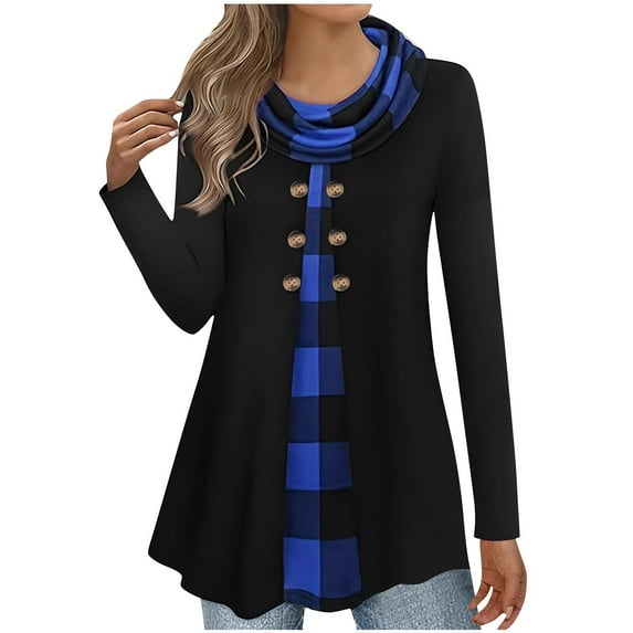 Lenpel Women's Tunic Tops Cowl Neck Long Sleeve Plaid Patchwork Plus Size Pullover Sweatshirts Fall Winter Clothes(Blue,X-Large)