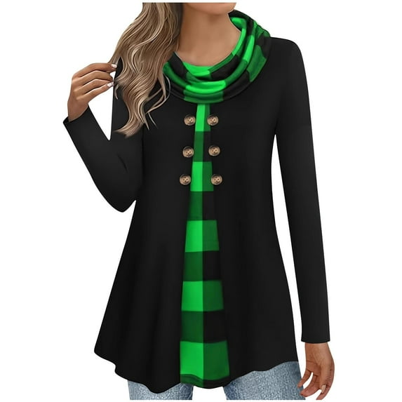 Lenpel Women's Tunic Tops Cowl Neck Long Sleeve Plaid Patchwork Plus Size Pullover Sweatshirts Fall Winter Clothes(Green,X-Large)