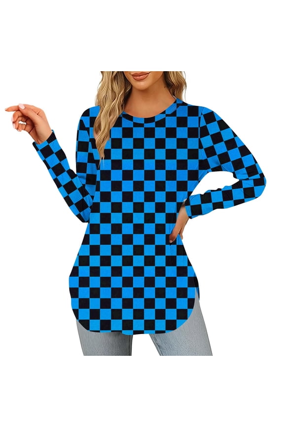 Women's Tunic Tops Crew Neck Long Sleeve Side Split Curved Hem Plaid T Shirts Casual Loose Tee Blouses(Light Blue,Medium)