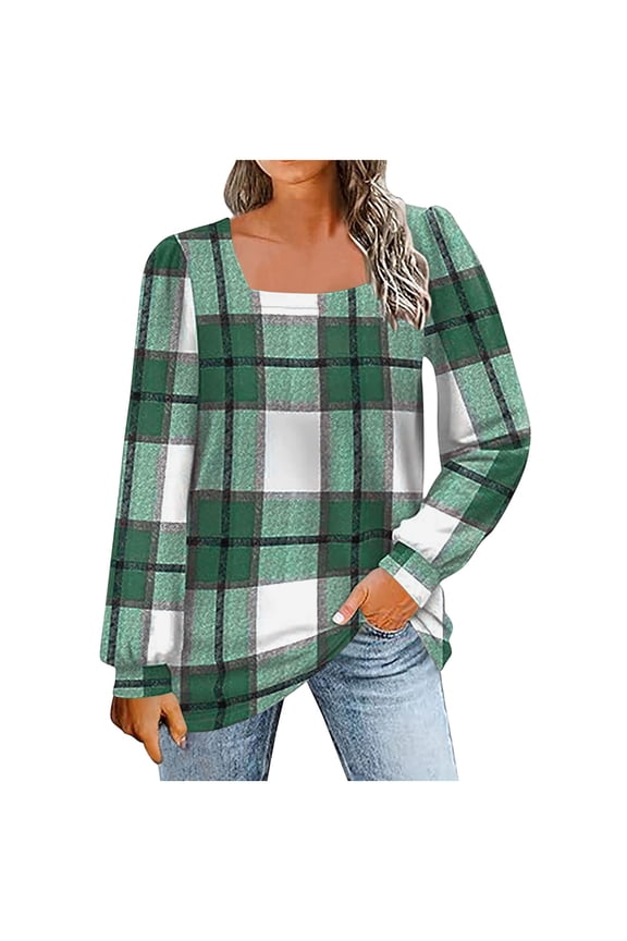 Women's Tunic Tops Fall Fashion Lantern Long Sleeve Square Neck Plaid T Shirts Casual Loose Tee Blouses(Green,Large)