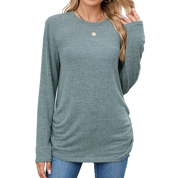 Lenpel Women's Tunic Tops Long Sleeve Crew Neck Side Split Ruched Curved Hem T Shirts Soft Casual Tees Loose Blouses(Army Green,XX-Large)