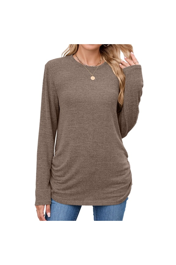 Women's Tunic Tops Long Sleeve Crew Neck Side Split Ruched Curved Hem T Shirts Soft Casual Tees Loose Blouses(Coffee,Medium)
