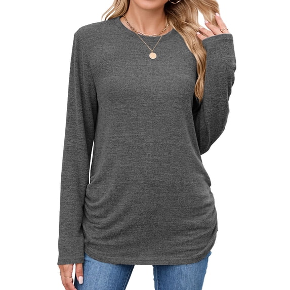 Lenpel Women's Tunic Tops Long Sleeve Crew Neck Side Split Ruched Curved Hem T Shirts Soft Casual Tees Loose Blouses(Dark Gray,XX-Large)