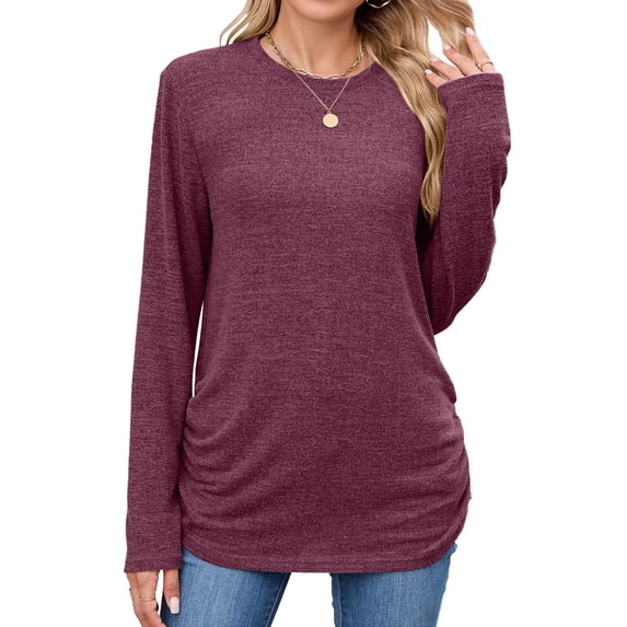 Lenpel Women's Tunic Tops Long Sleeve Crew Neck Side Split Ruched Curved Hem T Shirts Soft Casual Tees Loose Blouses(Wine,X-Large)