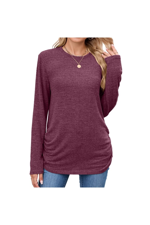 Women's Tunic Tops Long Sleeve Crew Neck Side Split Ruched Curved Hem T Shirts Soft Casual Tees Loose Blouses(Wine,X-Large)