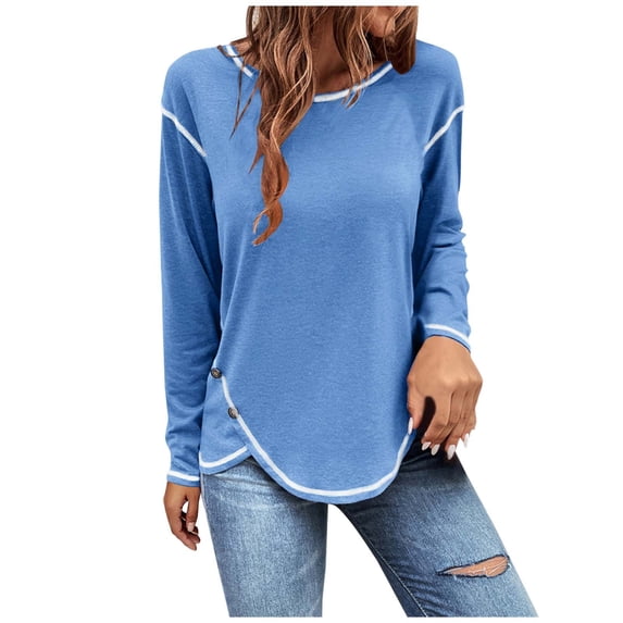 Lenpel Women's Tunic Tops Plus Size Long Sleeve Crew Neck Asymmetrical Hem Button Side Basic Shirts Casual Fall Blouses