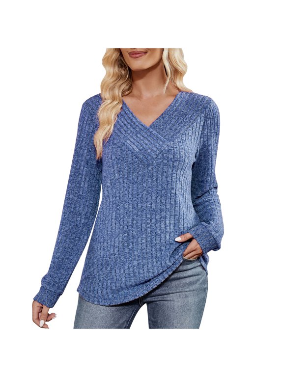 Women's Tunic Tops Ribbed Knit Crossover V Neck Long Sleeve Brushed Fleece T Shirts Soft Casual Lightweight Sweaters(Blue,XX-Large)