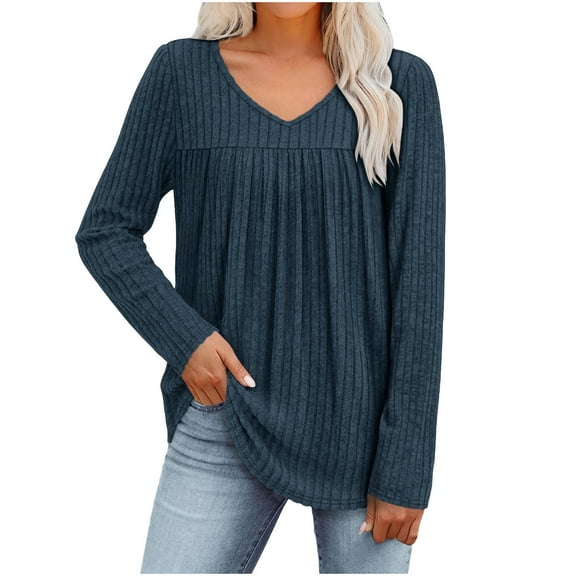 Lenpel Women's Tunic Tops Trendy V Neck Curved Hem Pleated Ribbed Knit Long Sleeve Shirts Dressy Casual Sweater Blouses(Navy,Medium)
