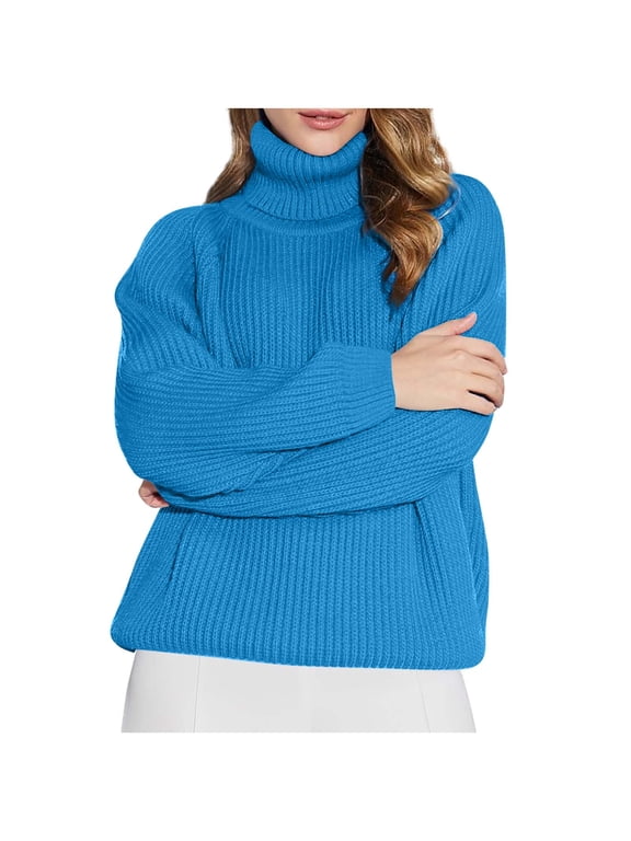 Women's Turtleneck Oversized Sweaters Casual Long Sleeve Chunky Cable Knit Sweater Tops Loose Pullover Sweaters(Blue,XX-Large)