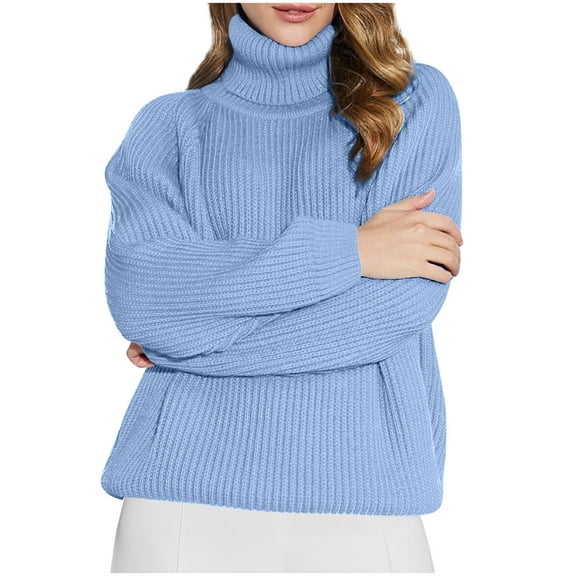 Lenpel Women's Turtleneck Oversized Sweaters Casual Long Sleeve Chunky Cable Knit Sweater Tops Loose Pullover Sweaters(Light Blue,X-Large)