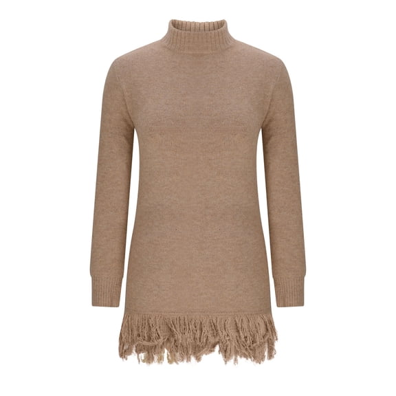 Lenpel Women's Turtleneck Sweaters Casual Long Sleeve Tassel Hem Knit Oversized Sweaters Pullover Tunic Sweaters(Khaki,Medium)