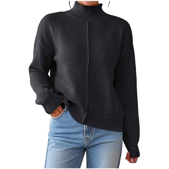 Lenpel Women's Turtleneck Sweaters Trendy Casual Long Sleeve Knitted Pullover Sweater Tops Fall Winter Fashion Clothes(Black,Medium)