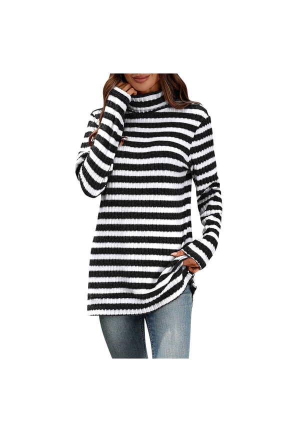 Women's Turtleneck Tunic Tops Soft Casual Ribbed Knit Side Split Striped Long Sleeve Shirts Loose Lightweight Sweaters(Black,Large)