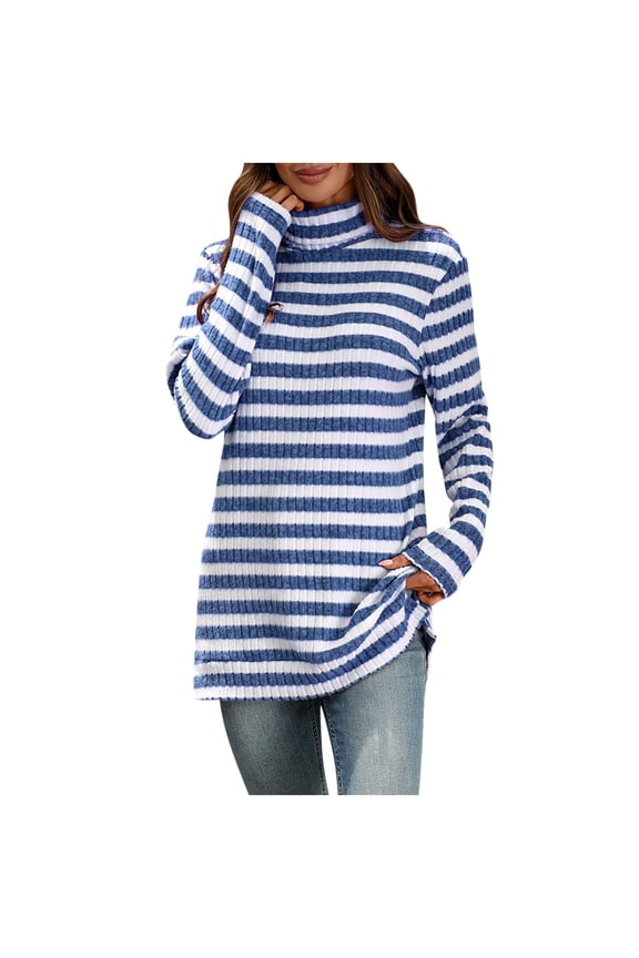 Women's Turtleneck Tunic Tops Soft Casual Ribbed Knit Side Split Striped Long Sleeve Shirts Loose Lightweight Sweaters(Blue,Medium)