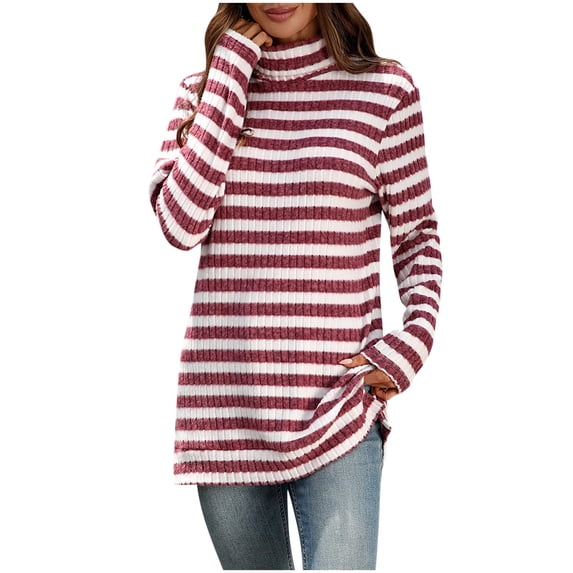 Lenpel Women's Turtleneck Tunic Tops Soft Casual Ribbed Knit Side Split Striped Long Sleeve Shirts Loose Lightweight Sweaters(Purple,X-Large)