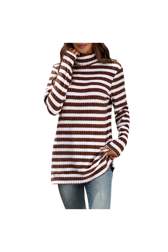 Women's Turtleneck Tunic Tops Soft Casual Ribbed Knit Side Split Striped Long Sleeve Shirts Loose Lightweight Sweaters(Red,Large)