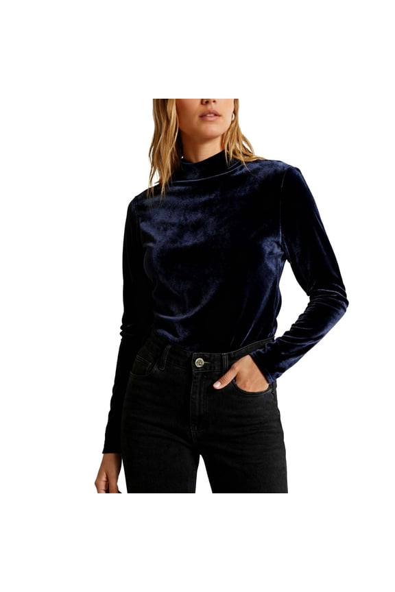 Women's Turtleneck Velvet Tops Long Sleeve Slim Basic T-Shirts Base Layer Shirts Velour Undershirt Blouses(Black,Large)