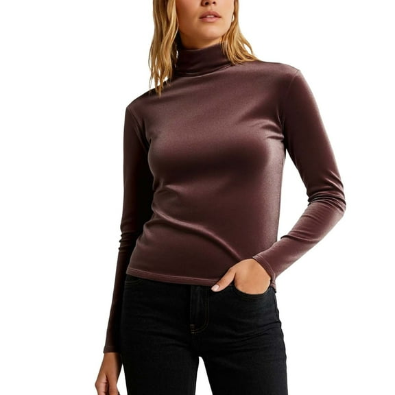 Lenpel Women's Turtleneck Velvet Tops Long Sleeve Slim Basic T-Shirts Base Layer Shirts Velour Undershirt Blouses(Coffee,Large)