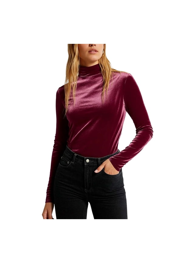 Women's Turtleneck Velvet Tops Long Sleeve Slim Basic T-Shirts Base Layer Shirts Velour Undershirt Blouses(Wine,Medium)