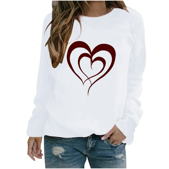 Lenpel Women's Valentines Day Shirts Long Sleeve Crew Neck Heart Printed Sweatshirts Casual Loose Pullover Tops