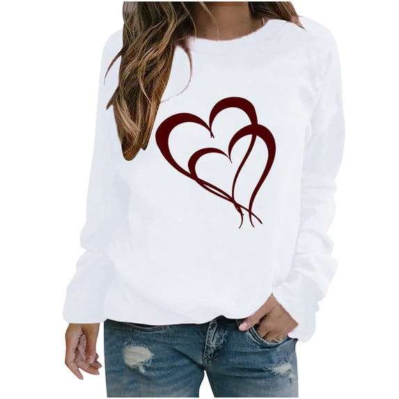 Lenpel Women's Valentines Day Shirts Long Sleeve Crew Neck Heart Printed Sweatshirts Casual Loose Pullover Tops