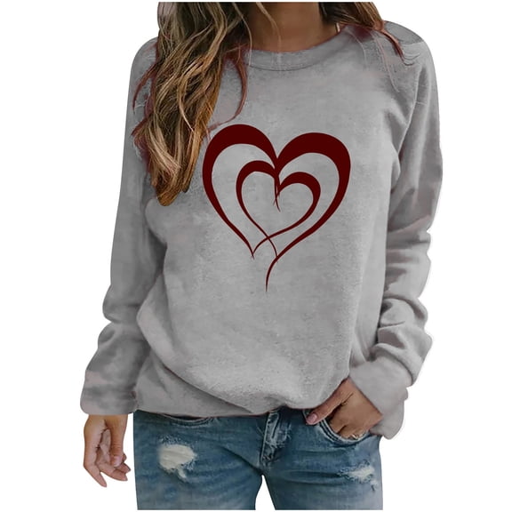 Lenpel Women's Valentines Day Shirts Long Sleeve Crew Neck Heart Printed Sweatshirts Casual Loose Pullover Tops