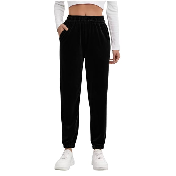 Lenpel Women's Velour Joggers Soft Casual Elastic High Waisted Tapered Velvet Sweatpants Comfy Lounge Pants with Pockets(Black,X-Large)