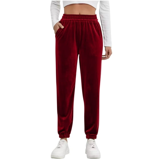 Lenpel Women's Velour Joggers Soft Casual Elastic High Waisted Tapered Velvet Sweatpants Comfy Lounge Pants with Pockets(Wine,X-Large)