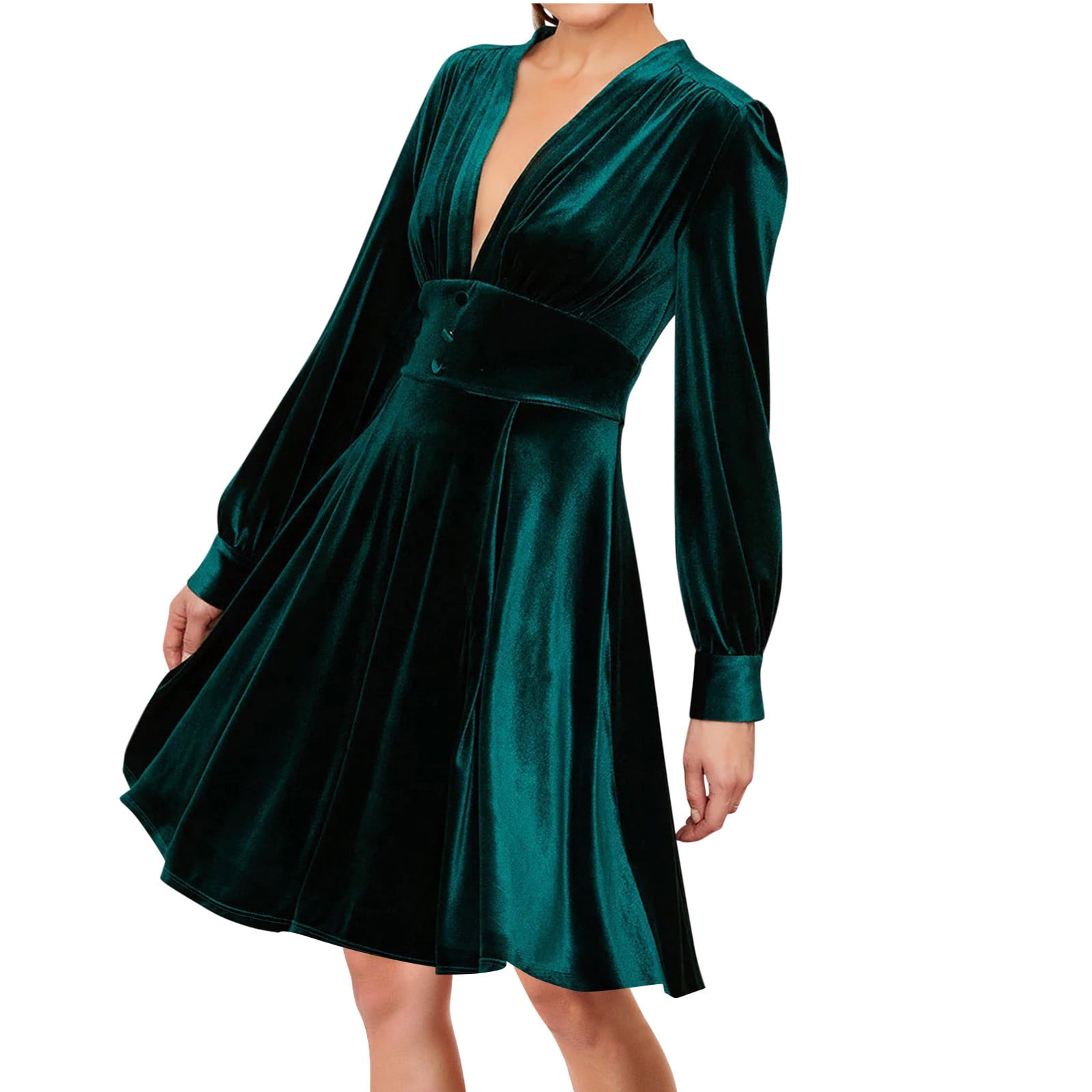 Lenpel Women's Velvet Dress Elegant Puff Long Sleeve Deep V Neck A-Line ...