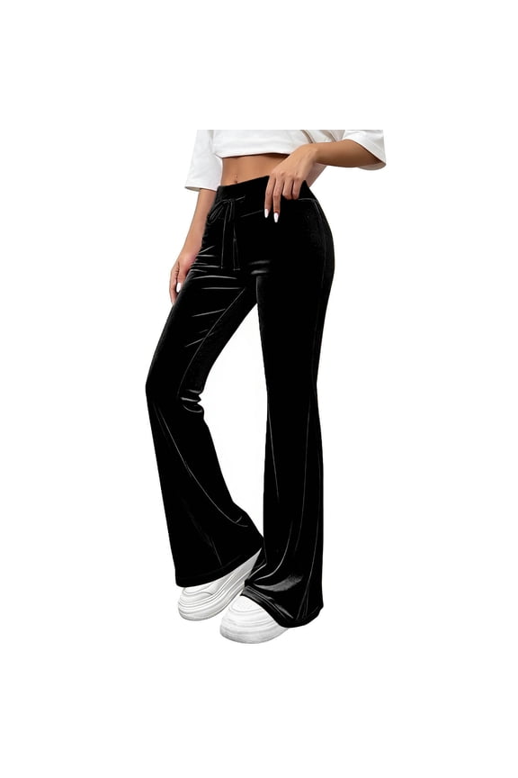Women's Velvet Flare Leggings High Waisted Drawstring Bell Bottom Wide Leg Yoga Pants Dressy Casual Velour Pants(Black,Medium)