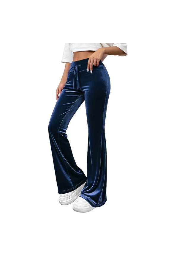 Women's Velvet Flare Leggings High Waisted Drawstring Bell Bottom Wide Leg Yoga Pants Dressy Casual Velour Pants(Blue,X-Large)